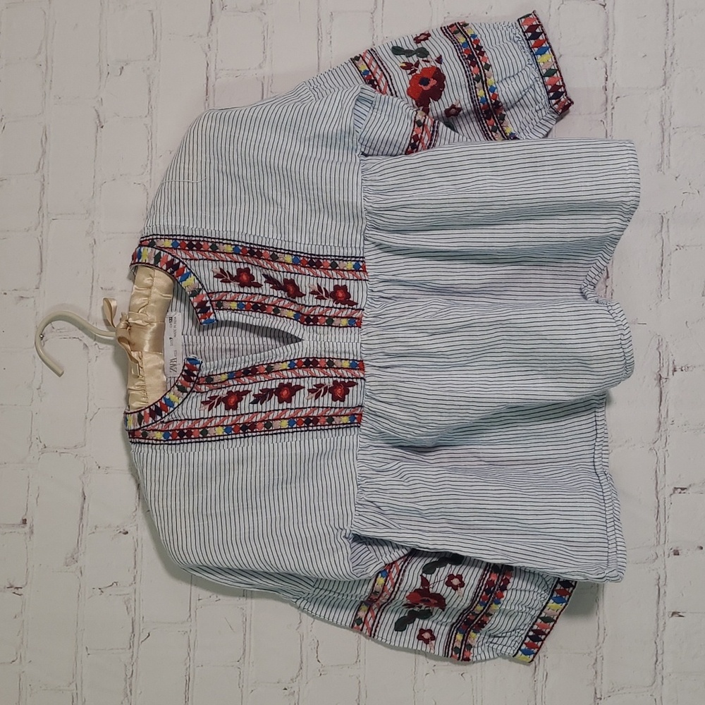 ZARA Kids Embroidered Peasant Blouse Stripes Bell Sleeve Girls Size 7 - Picture 8 of 15